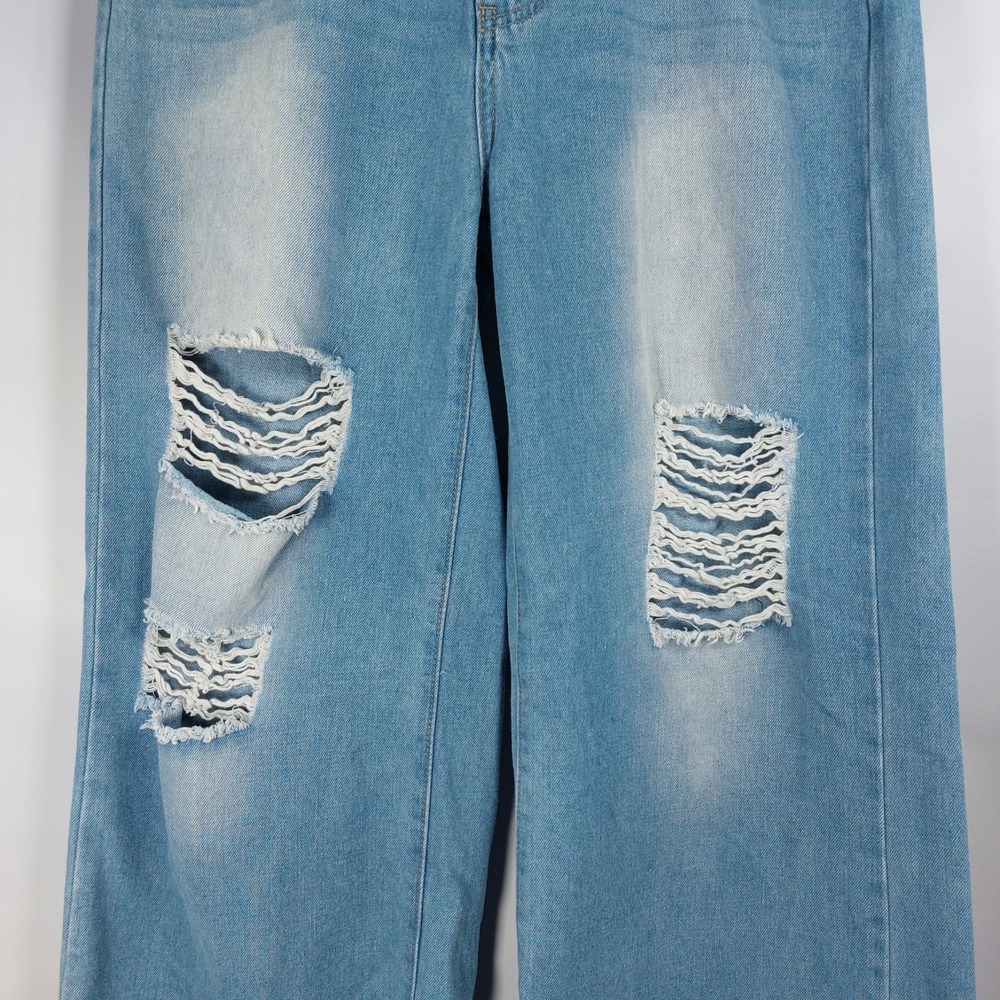 Shein Womens High Waist Wideleg Straight Jeans Sz L Distressed Pockets Lt Blue - Picture 4 of 8